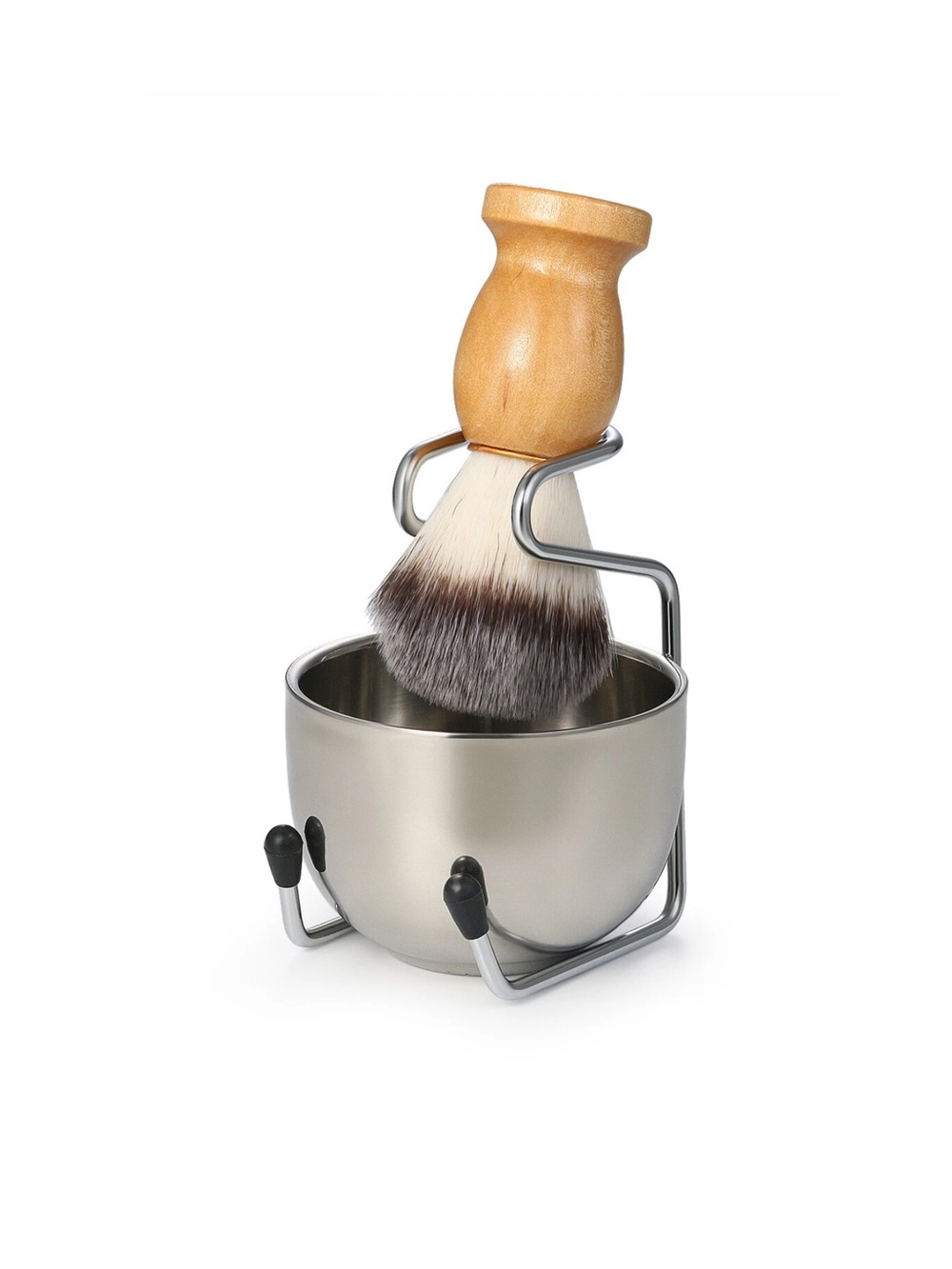 Wood Handle Shaving Brush with Silver Lather Bowl and Stand - Men Grooming NIB